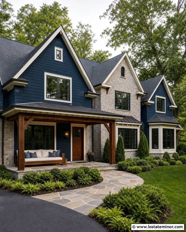 Midnight Blue Stone House With Wood Daybed - 30 Midnight Blue House Design With Daybed Ideas