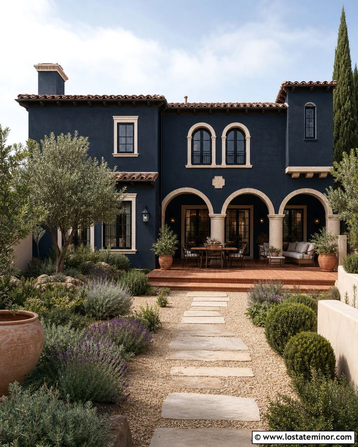 Midnight Blue Stucco House With Mediterranean Patio - 30 Midnight Blue House Design With Backyard Ideas