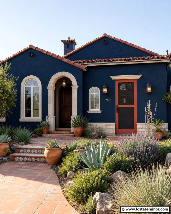 Midnight Blue Stucco House With Terracotta Screen Door - 30 Midnight Blue House Design With Screen Door Ideas