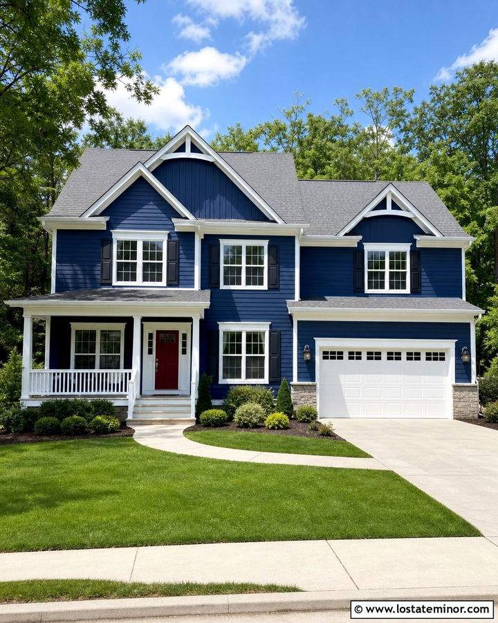 Midnight Blue Suburban House With White Railings - 30 Midnight Blue House Design With Railings Ideas