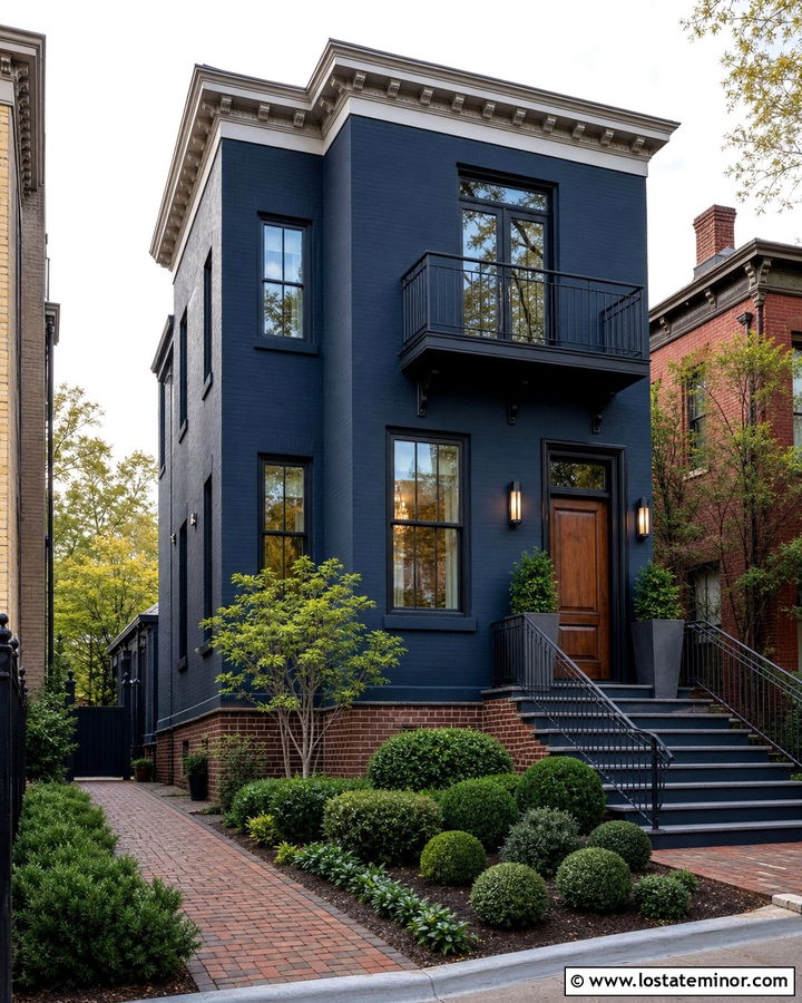 Midnight Blue Townhouse With Charcoal Railings - 30 Midnight Blue House Design With Railings Ideas