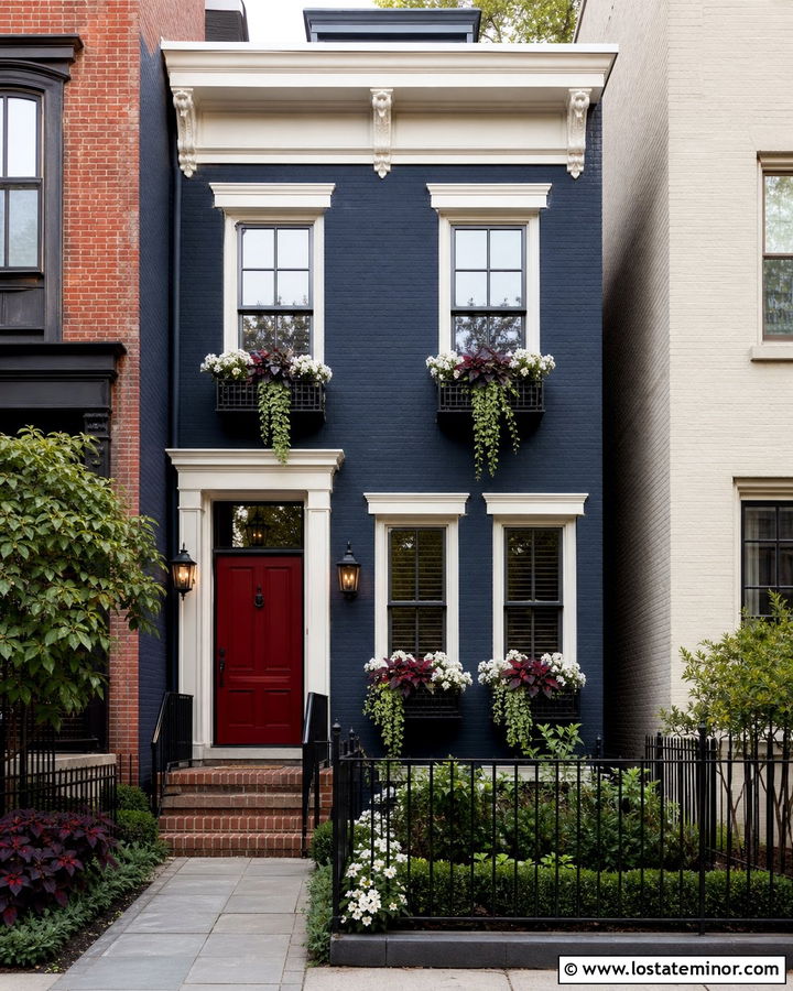 Midnight Blue Townhouse With Iron Window Boxes - 30 Midnight Blue House Design With Window Boxes Ideas
