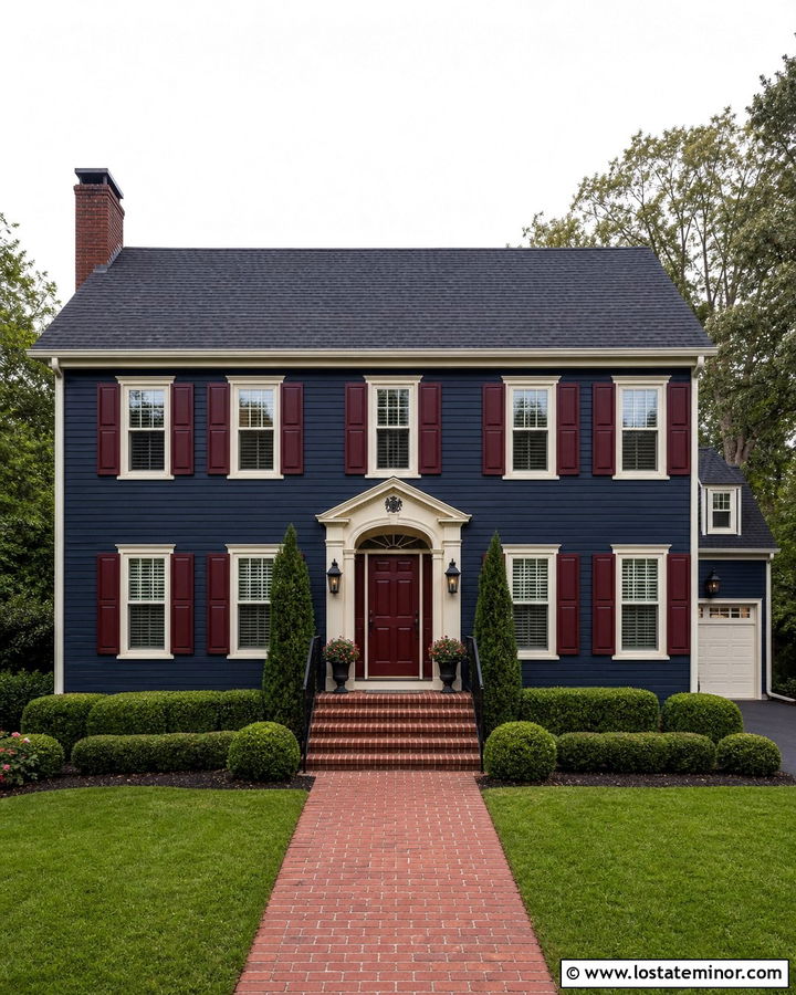 Midnight Blue Traditional House With Burgundy Shutters - 30 Midnight Blue House Design With Shutters Ideas