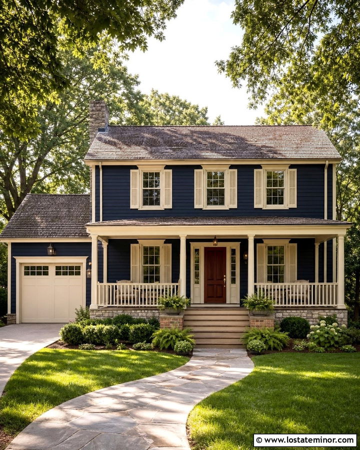 Midnight Blue Traditional House With Cream Railings - 30 Midnight Blue House Design With Railings Ideas