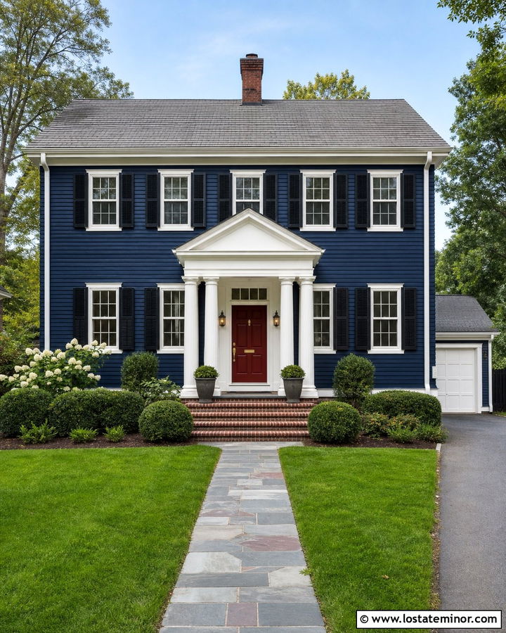 Midnight Blue Traditional House With Fluted Porch Columns - 30 Midnight Blue House Design With Porch Columns Ideas