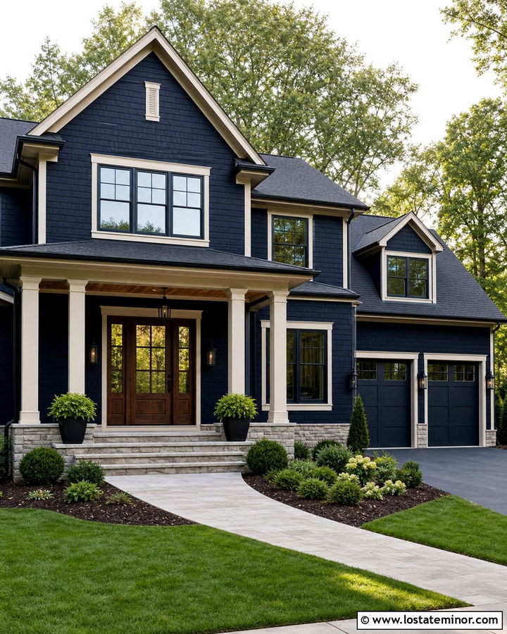 Midnight Blue Traditional House With Stained Double Door - 30 Midnight Blue House Design With Entry Door Ideas