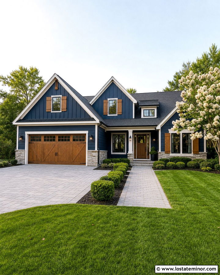 Midnight Blue Transitional House With Cedar Shutters And Garage - 30 Midnight Blue House Design With Shutters Ideas