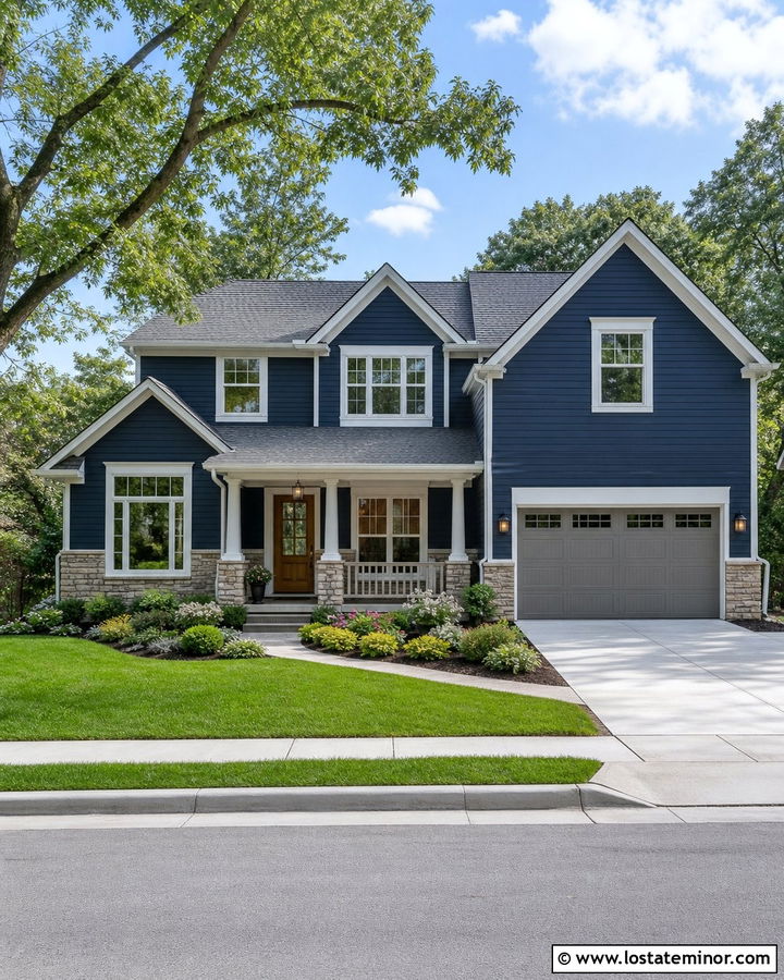 Midnight Blue Transitional House With Gray Railings - 30 Midnight Blue House Design With Railings Ideas