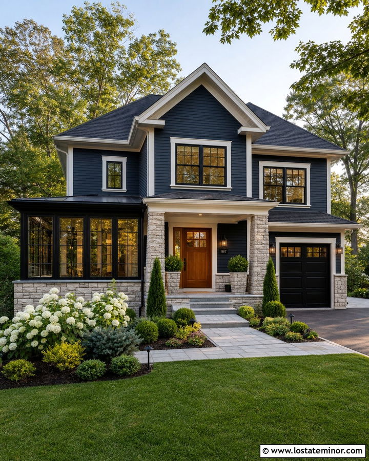 Midnight Blue Transitional House With Stone Sunroom Base - 30 Midnight Blue House Design With Sunroom Ideas