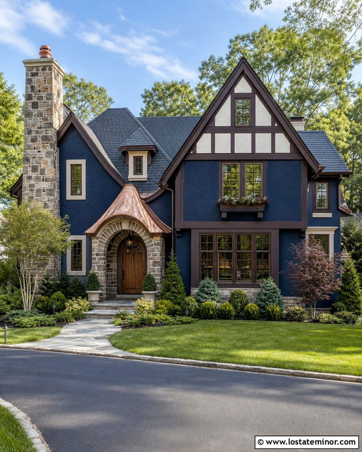 Midnight Blue Tudor House With Arched Portico - 30 Midnight Blue House Design With Portico Ideas