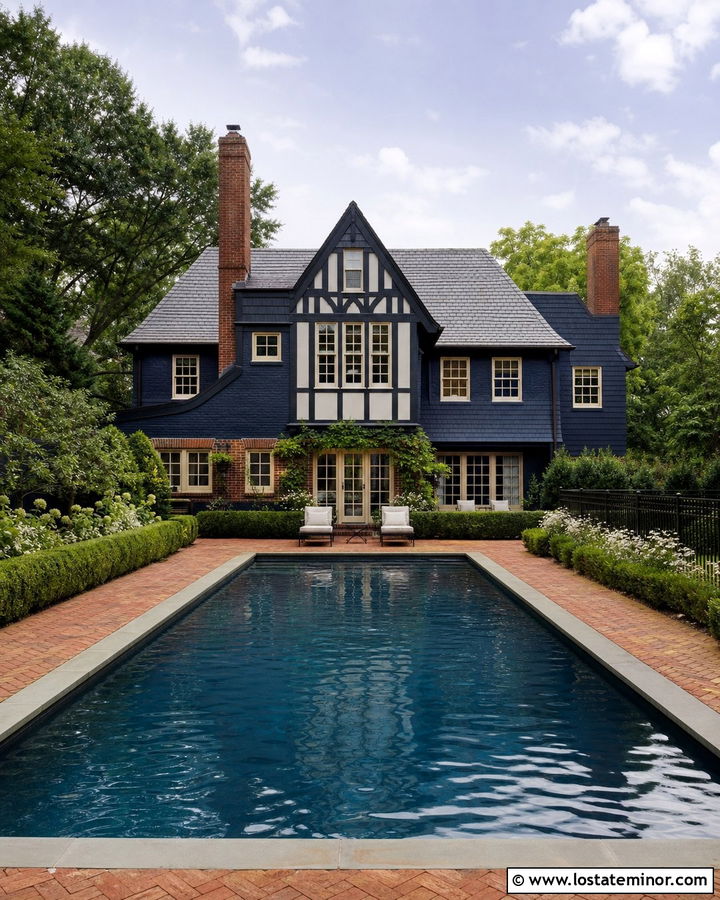 Midnight Blue Tudor House With Brick Pool Patio - 30 Midnight Blue House Design With Swimming Pool Ideas