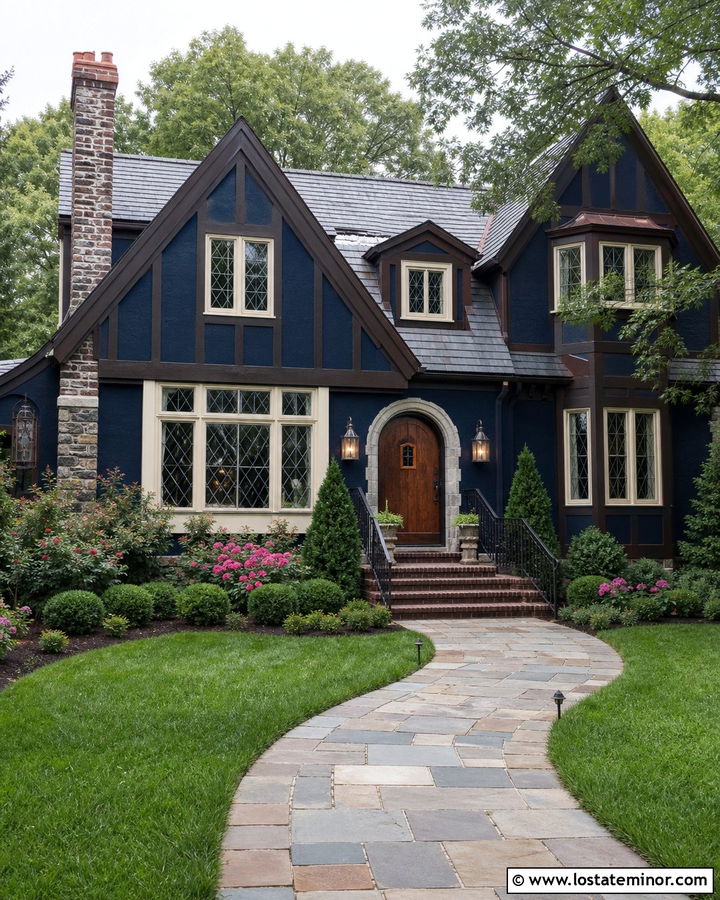 Midnight Blue Tudor House With Bronze Railings - 30 Midnight Blue House Design With Railings Ideas