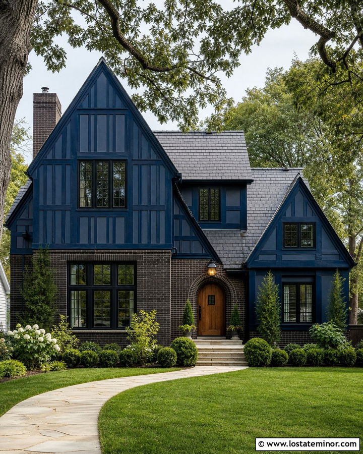Midnight Blue Tudor House With Gable Trim - 30 Midnight Blue House Design With Gables Ideas