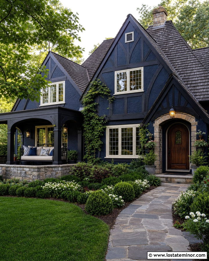 Midnight Blue Tudor House With Iron Daybed - 30 Midnight Blue House Design With Daybed Ideas