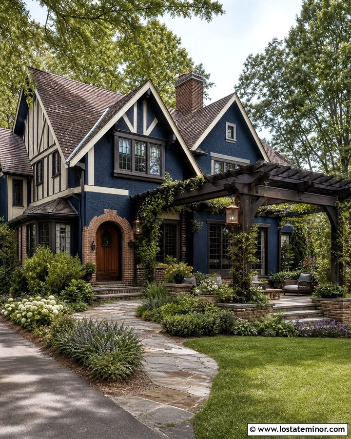 Midnight Blue Tudor House With Pergola - 30 Midnight Blue House Design With Pergola Ideas