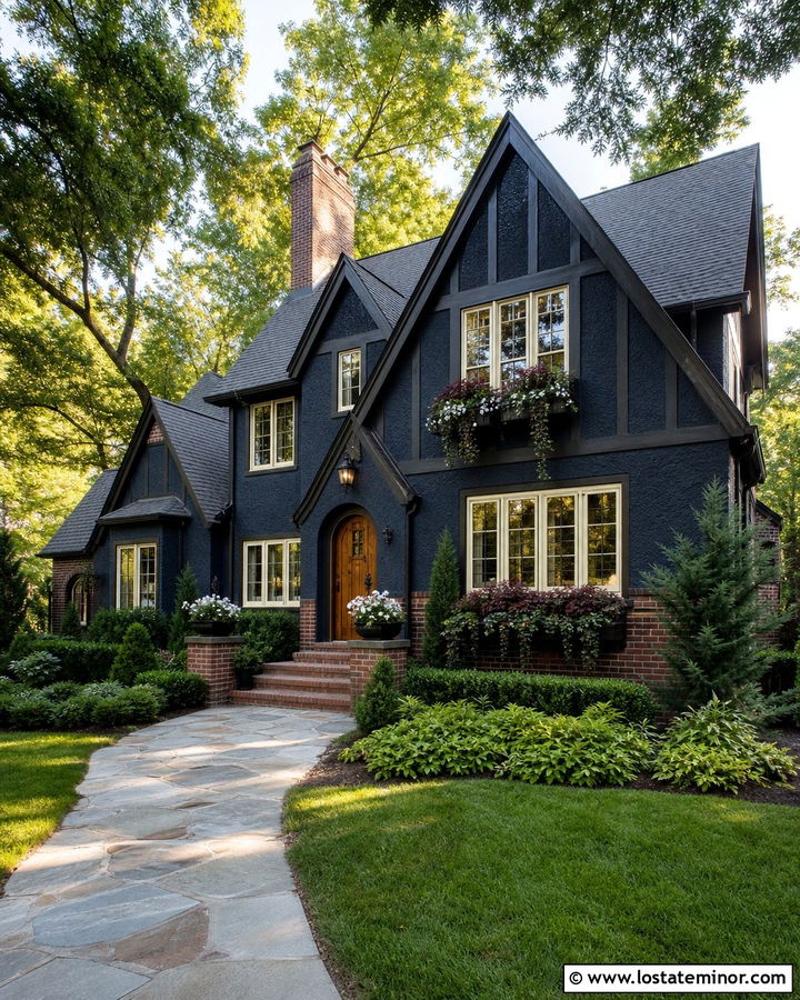 Midnight Blue Tudor With Black Window Boxes - 30 Midnight Blue House Design With Window Boxes Ideas
