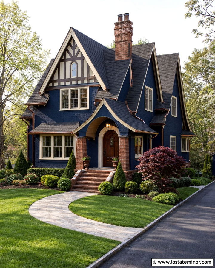Midnight Blue Tudor With Brick Porch Columns - 30 Midnight Blue House Design With Porch Columns Ideas
