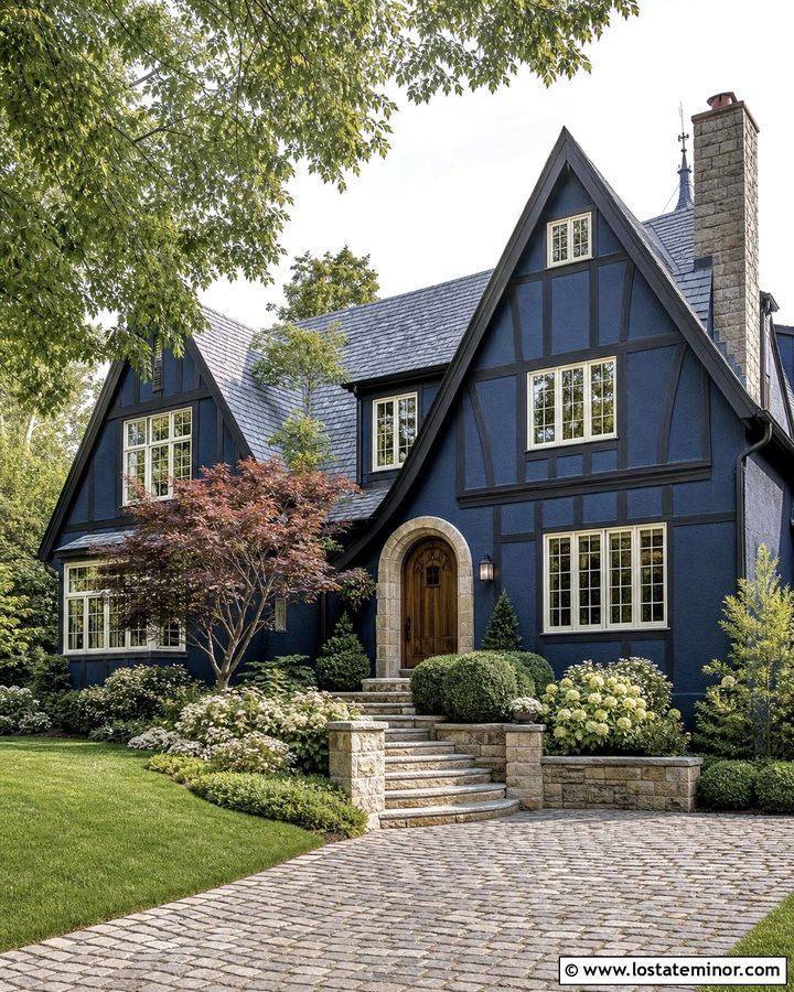 Midnight Blue Tudor With Cobblestone Driveway - 30 Midnight Blue House Design With Driveway Ideas
