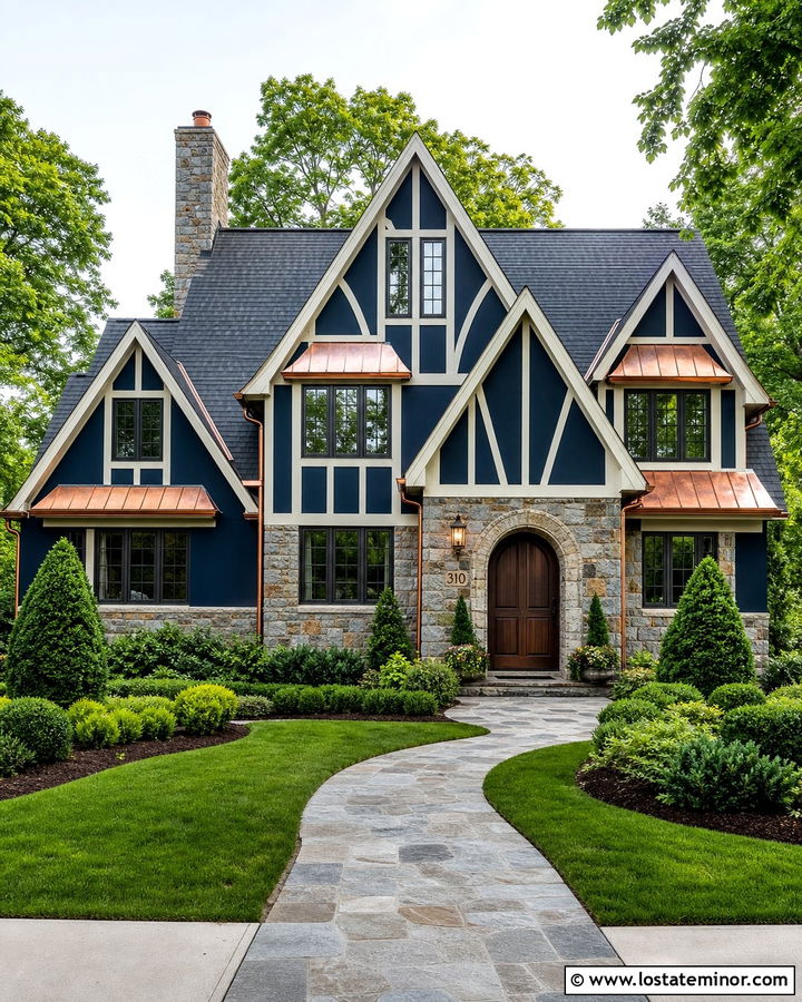 Midnight Blue Tudor With Copper Dormer Roofs - 30 Midnight Blue House Design With Dormers Ideas