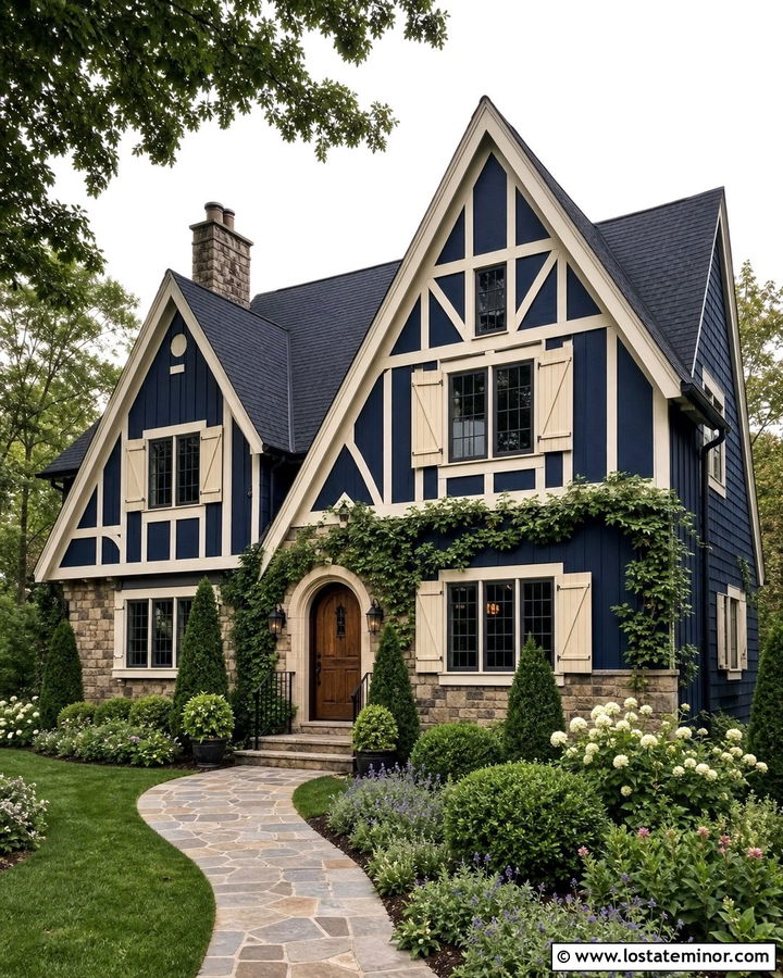 Midnight Blue Tudor With Cream Shutters - 30 Midnight Blue House Design With Shutters Ideas