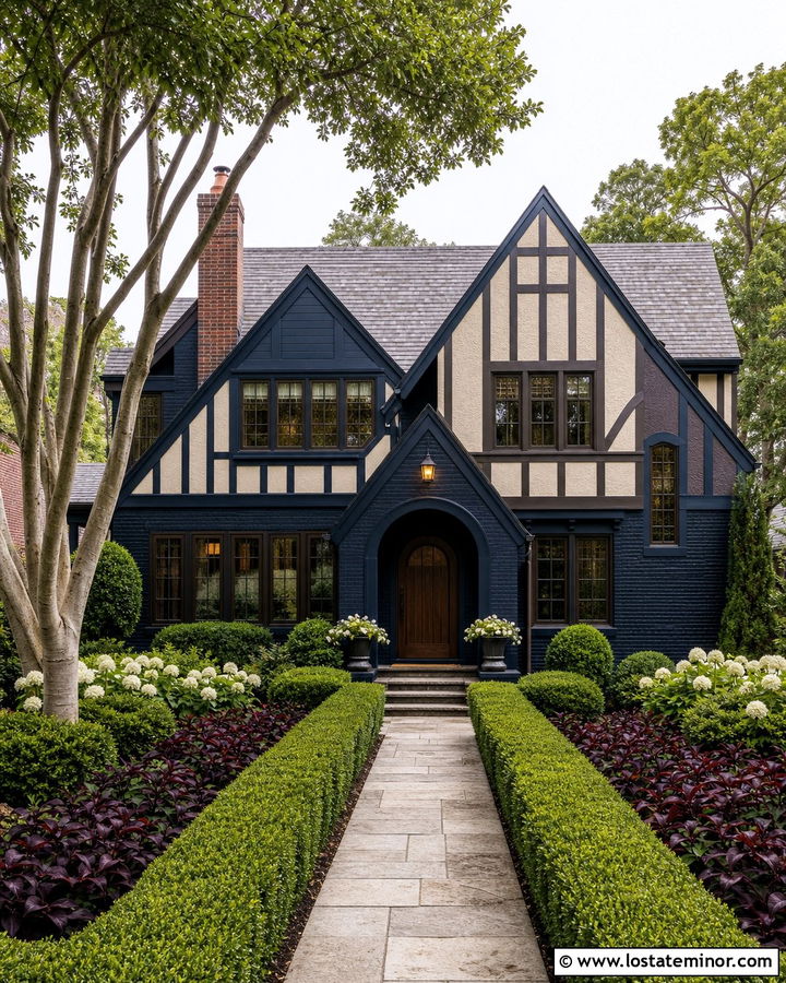 Midnight Blue Tudor With Formal Front Garden - 30 Midnight Blue House Design With Front Yard Ideas