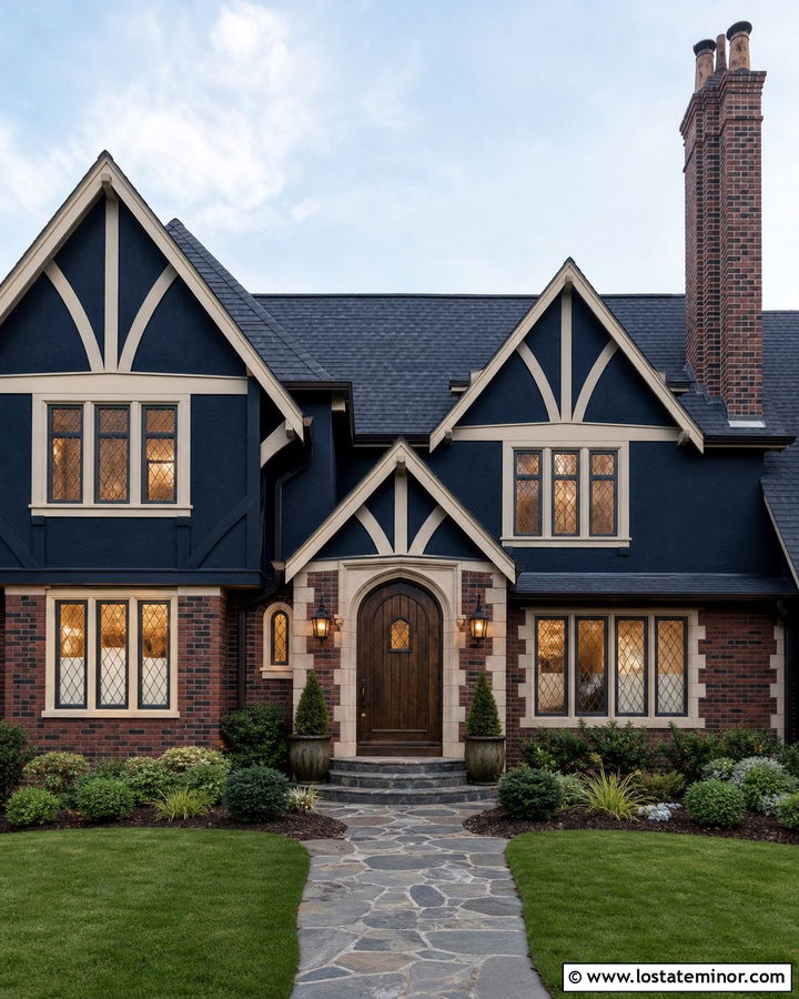 Midnight Blue Tudor With Leaded Glass Lights - 30 Midnight Blue House Design With Lighting Ideas