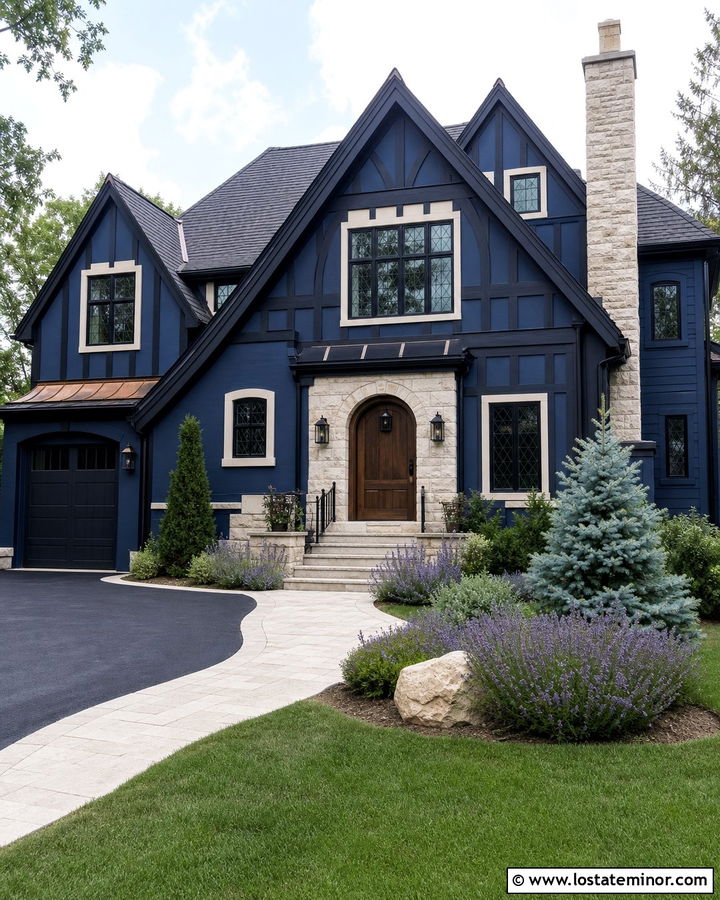 Midnight Blue Tudor With Limestone Steps - 30 Midnight Blue House Design With Steps Ideas
