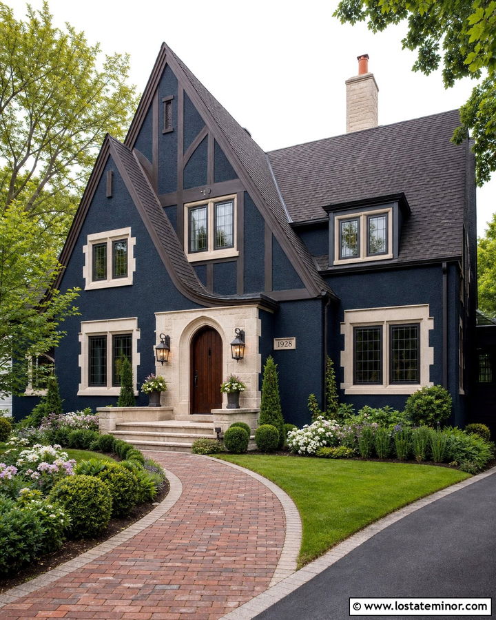 Midnight Blue Tudor With Stone House Number Plaque - 30 Midnight Blue House Design With House Numbers Ideas