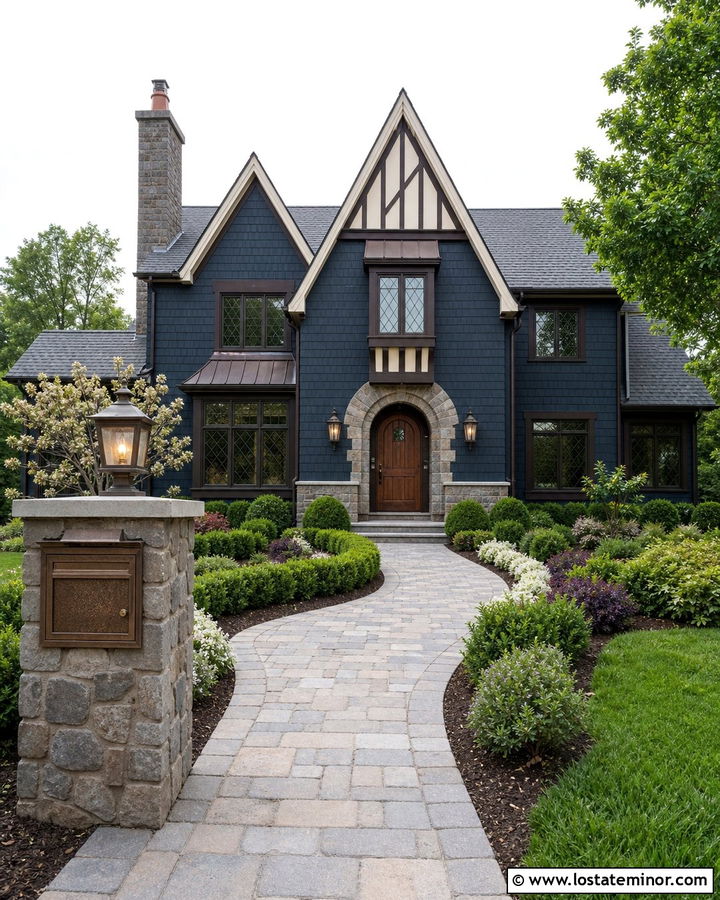 Midnight Blue Tudor With Stone Mailbox Pillar - 30 Midnight Blue House Design With Mailbox Ideas