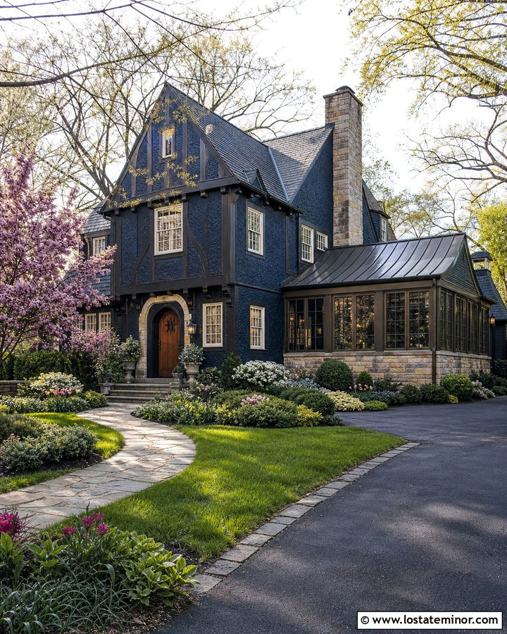 Midnight Blue Tudor With Stone Sunroom - 30 Midnight Blue House Design With Sunroom Ideas