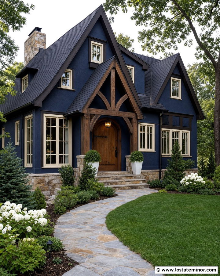 Midnight Blue Tudor With Timber Front Porch - 30 Midnight Blue House Design With Front Porch Ideas
