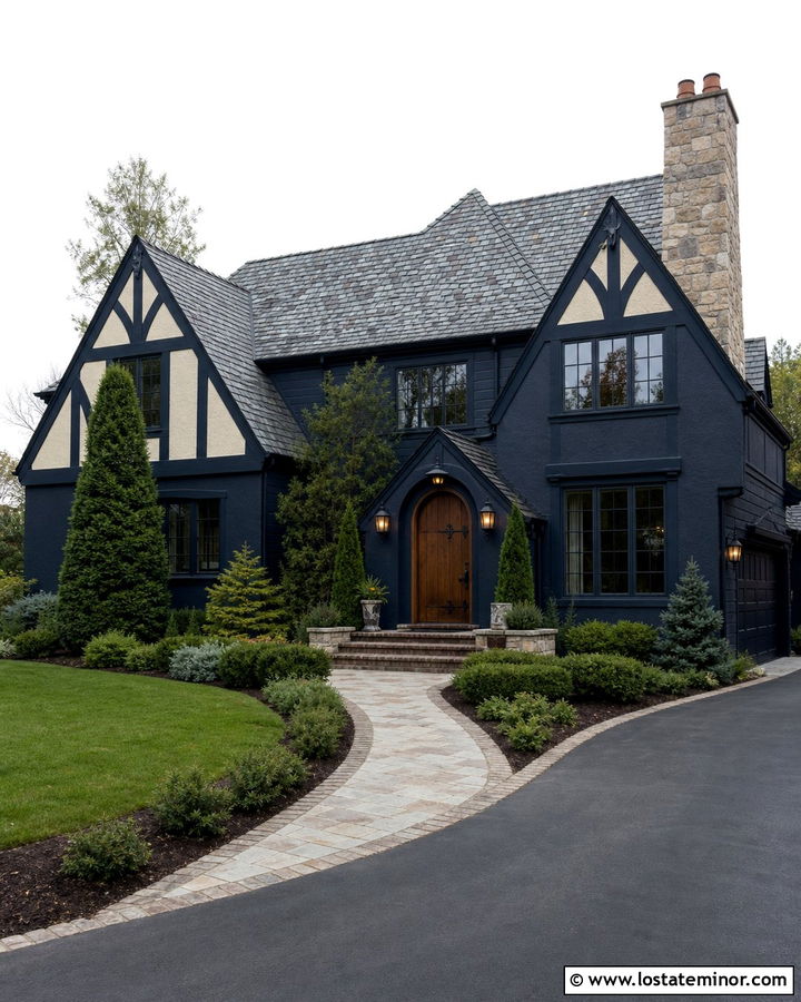 Midnight Blue Tudor With Walnut Entry Door - 30 Midnight Blue House Design With Entry Door Ideas