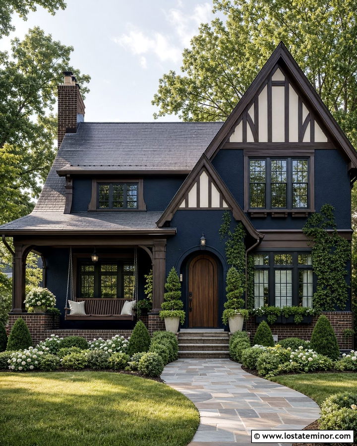Midnight Blue Tudor With Wooden Swing - 30 Midnight Blue House Design With Swing Ideas
