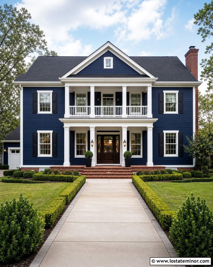 Midnight Blue Two Story House With Double Porch Columns - 30 Midnight Blue House Design With Porch Columns Ideas