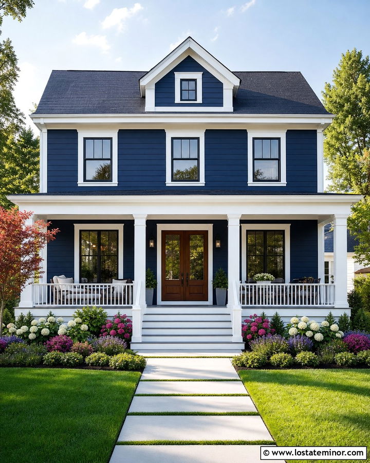 Midnight Blue Two Story House With Full Porch - 30 Midnight Blue House Design With Front Porch Ideas