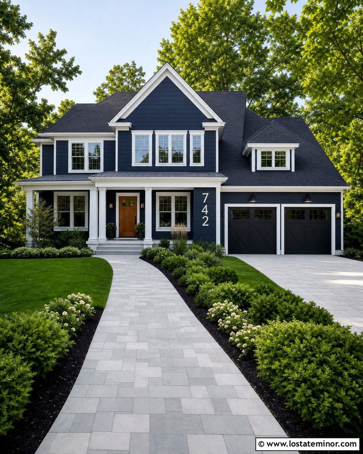 Midnight Blue Two Story House With Oversized Numbers - 30 Midnight Blue House Design With House Numbers Ideas