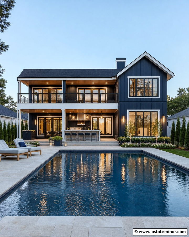 Midnight Blue Two Story House With Pool Kitchen - 30 Midnight Blue House Design With Swimming Pool Ideas
