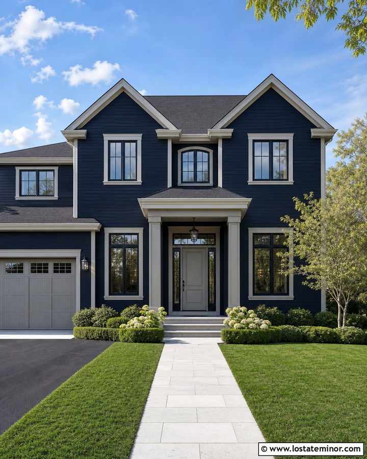 Midnight Blue Two Story House With Soft Gray Entry Door - 30 Midnight Blue House Design With Entry Door Ideas