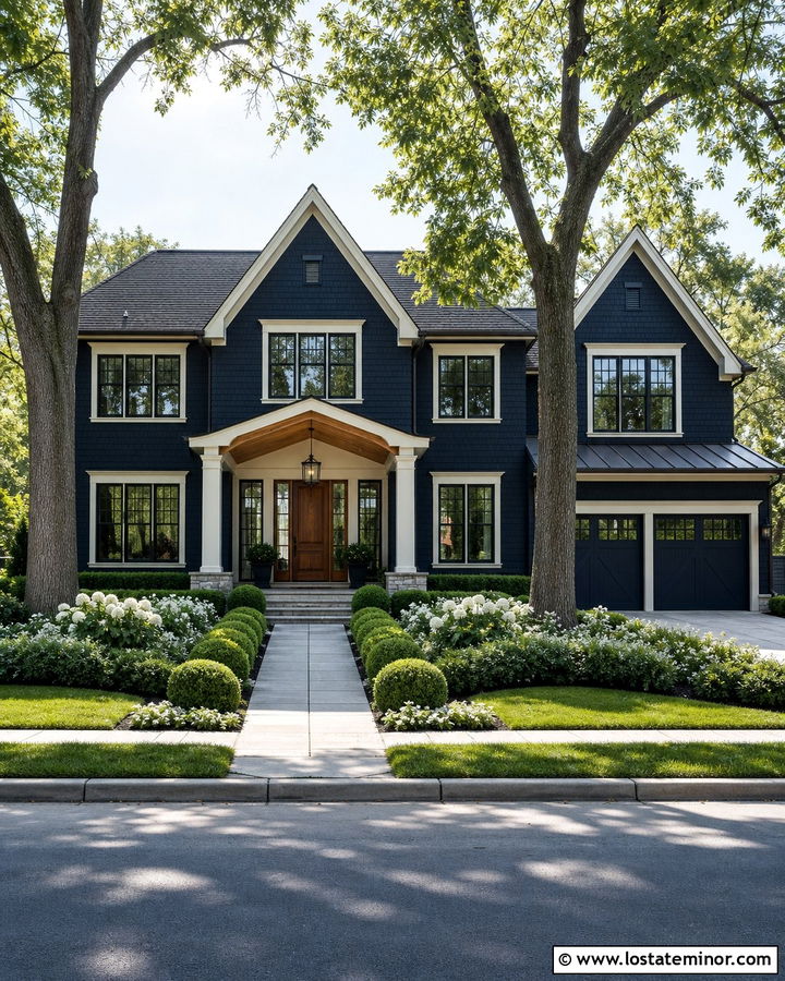 Midnight Blue Two Story House With Tree Lined Yard - 30 Midnight Blue House Design With Front Yard Ideas