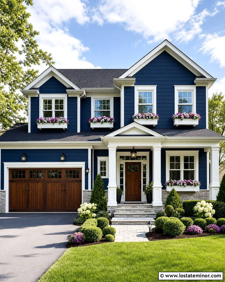 Midnight Blue Two Story House With White Window Boxes - 30 Midnight Blue House Design With Window Boxes Ideas