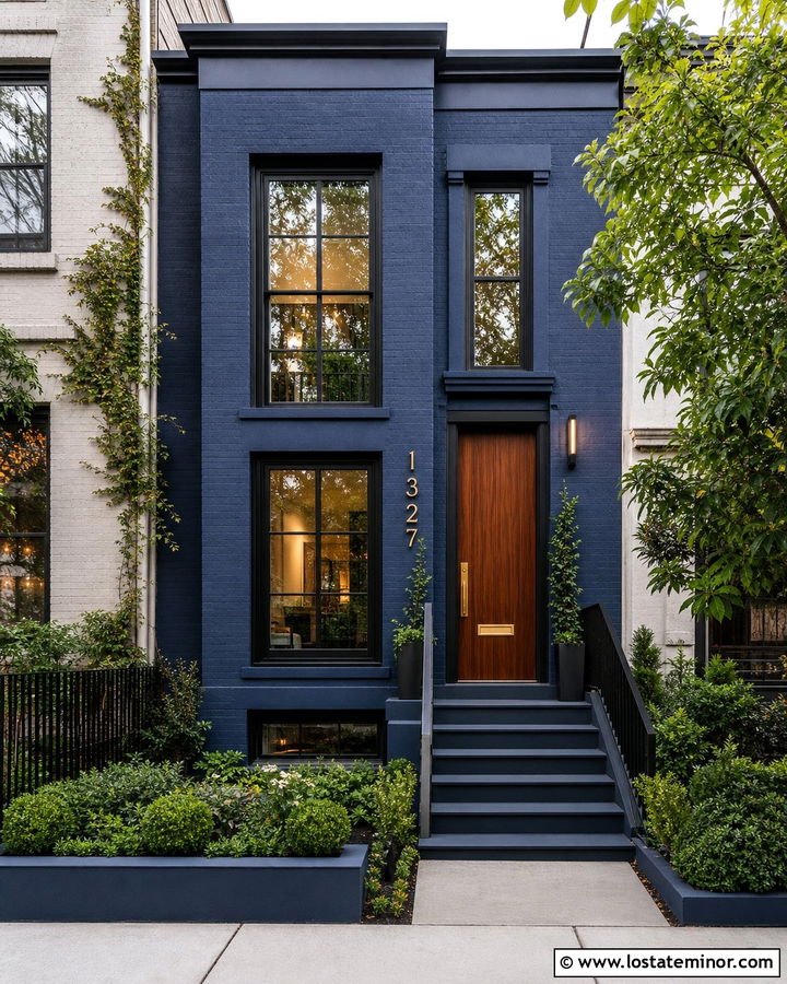 Midnight Blue Urban Townhouse With Vertical Numbers - 30 Midnight Blue House Design With House Numbers Ideas