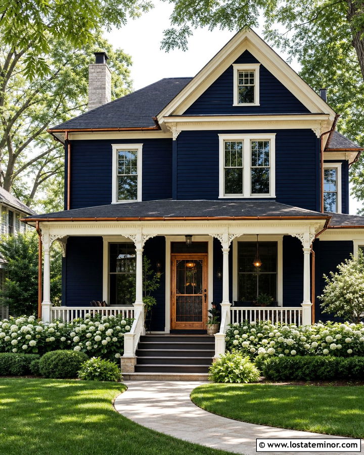 Midnight Blue Victorian Farmhouse With Copper Screen Door - 30 Midnight Blue House Design With Screen Door Ideas