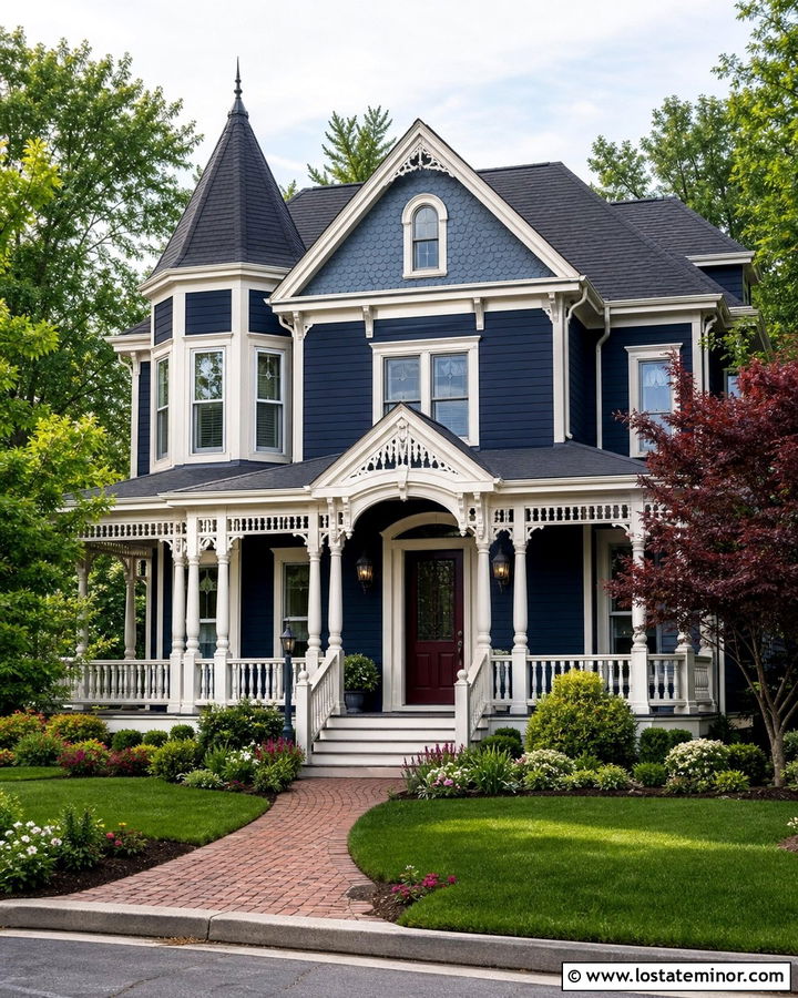 Midnight Blue Victorian House With Decorative Portico - 30 Midnight Blue House Design With Portico Ideas