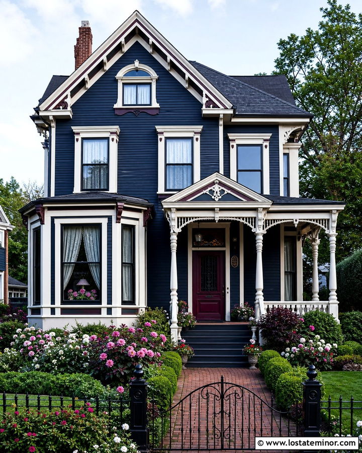 Midnight Blue Victorian House With Layered Flower Beds - 30 Midnight Blue House Design With Landscaping Ideas