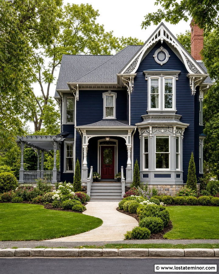 Midnight Blue Victorian House With Pergola - 30 Midnight Blue House Design With Pergola Ideas
