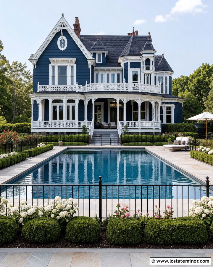 Midnight Blue Victorian House With Pool And White Veranda - 30 Midnight Blue House Design With Swimming Pool Ideas