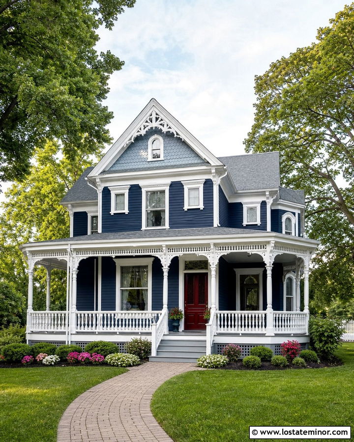 Midnight Blue Victorian House With White Railings - 30 Midnight Blue House Design With Railings Ideas