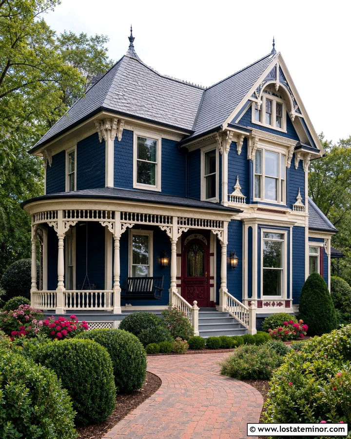 Midnight Blue Victorian With Black Swing - 30 Midnight Blue House Design With Swing Ideas