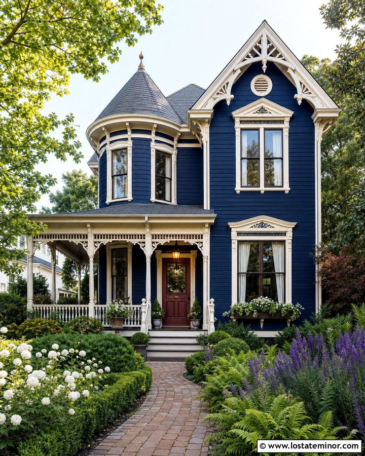Midnight Blue Victorian With Cottage Front Yard - 30 Midnight Blue House Design With Front Yard Ideas