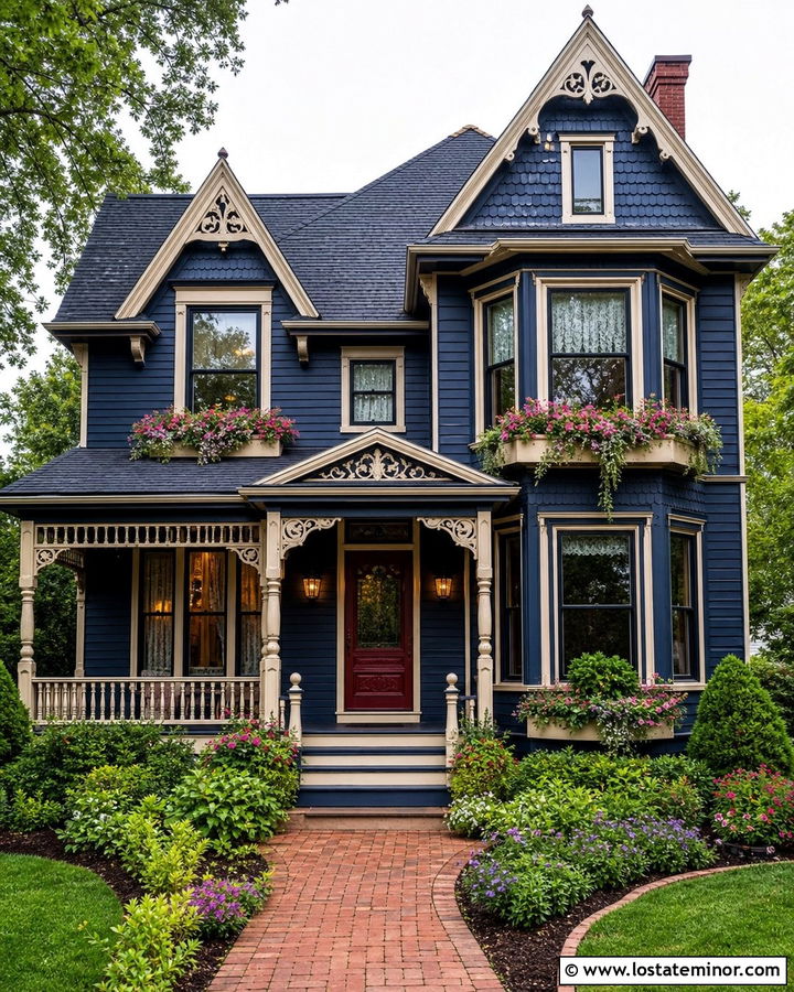 Midnight Blue Victorian With Cream Window Boxes - 30 Midnight Blue House Design With Window Boxes Ideas